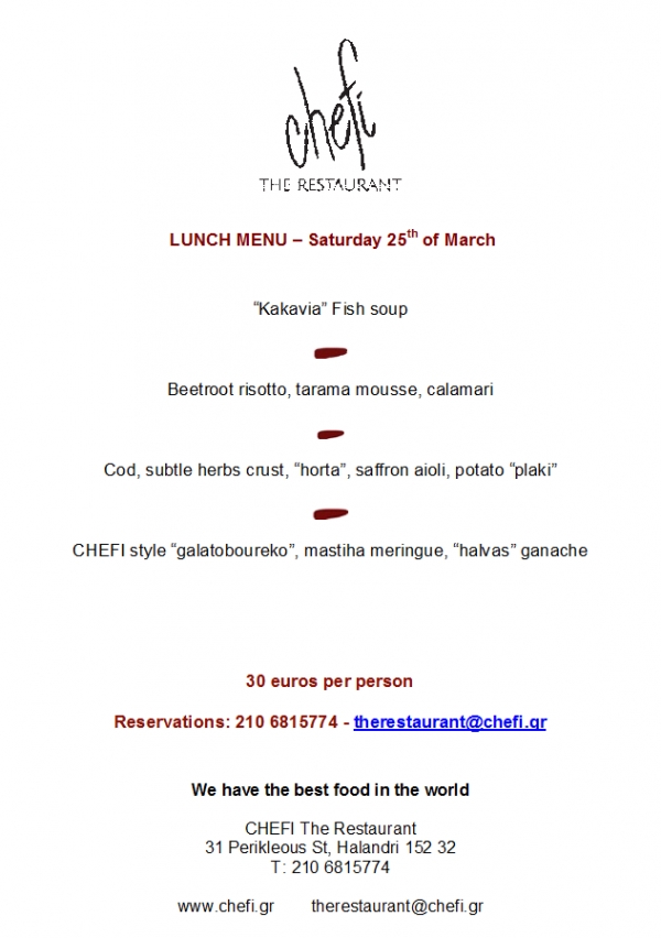 CHEFI: Lunch Menu - 25th Of March