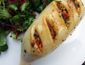Calamari Stuffed With Bread Crumbs, Pine Nuts & Raisins