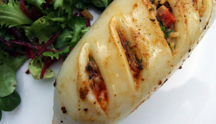 Calamari Stuffed With Bread Crumbs, Pine Nuts & Raisins